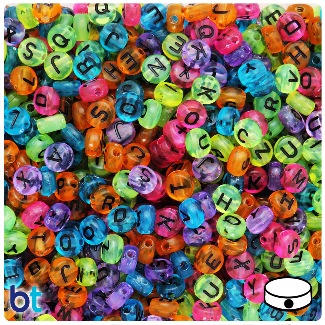 BeadTin Mixed Transparent 7mm Coin Plastic Alpha Beads - Black Letter Mix (250pcs)